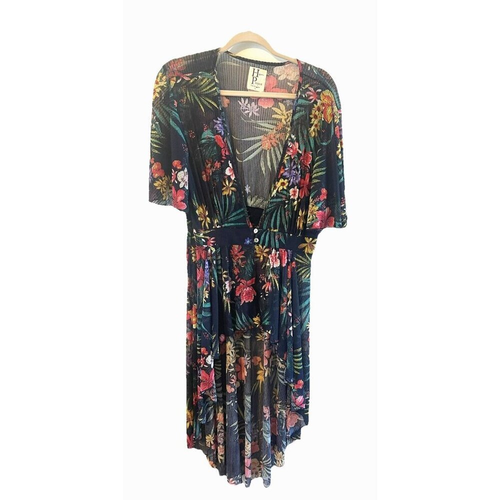 NEW Haute Project L Navy Tropical Floral Duster Beach Coverup Kimono Button up